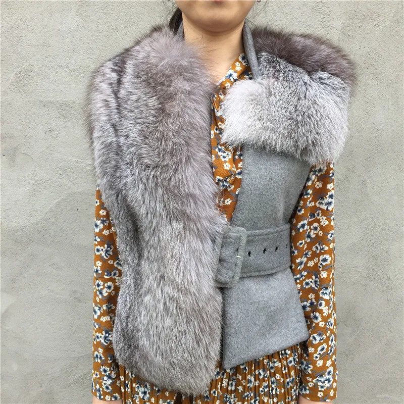 Wool Slim Waistcoat Genuine Fox Fur  Vest