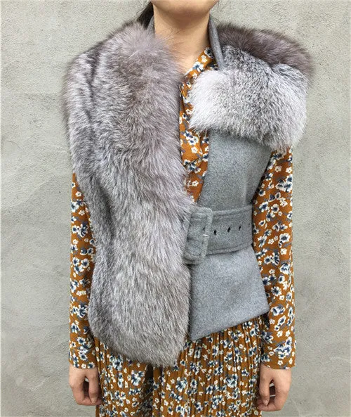 Wool Slim Waistcoat Genuine Fox Fur  Vest