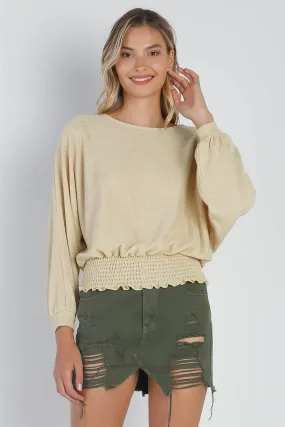 Yellow Waffle Knit Long Sleeve Smocked Hem Top /3-1-2