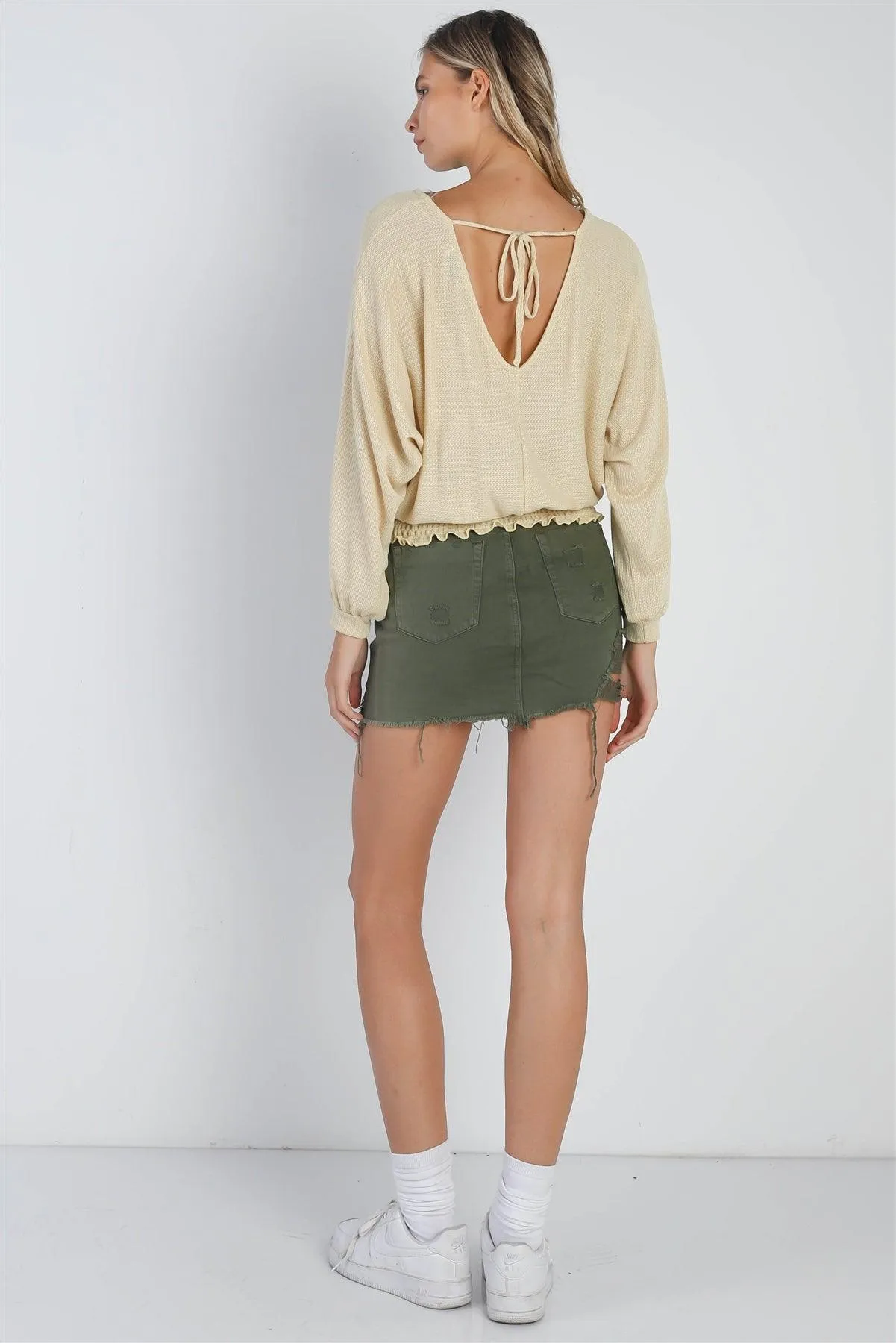 Yellow Waffle Knit Long Sleeve Smocked Hem Top /3-1-2