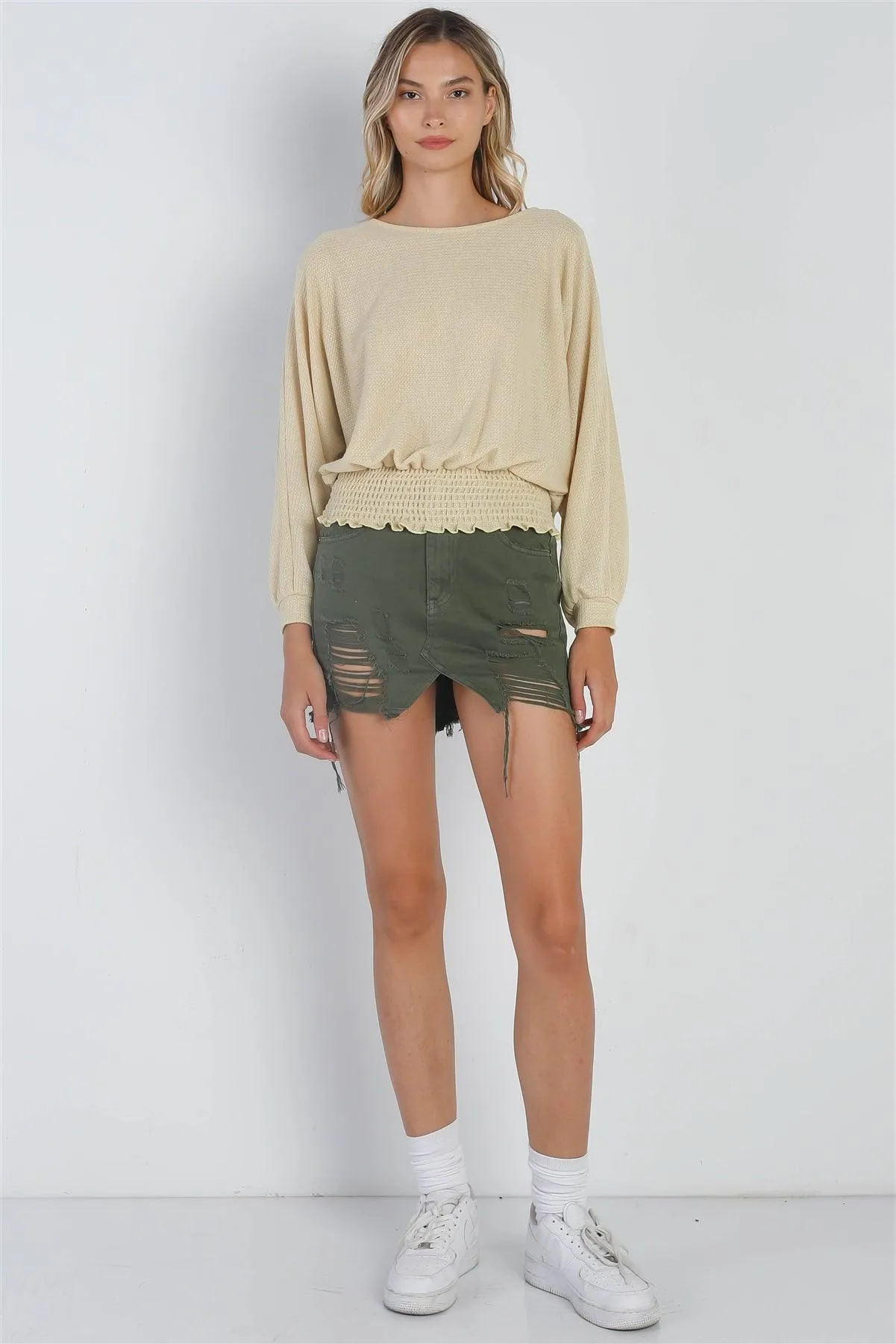 Yellow Waffle Knit Long Sleeve Smocked Hem Top /3-1-2